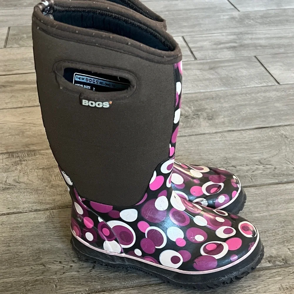 BOGS Kids Insulated Waterproof Winter Boots Brown Purple Polka Dot size 2
